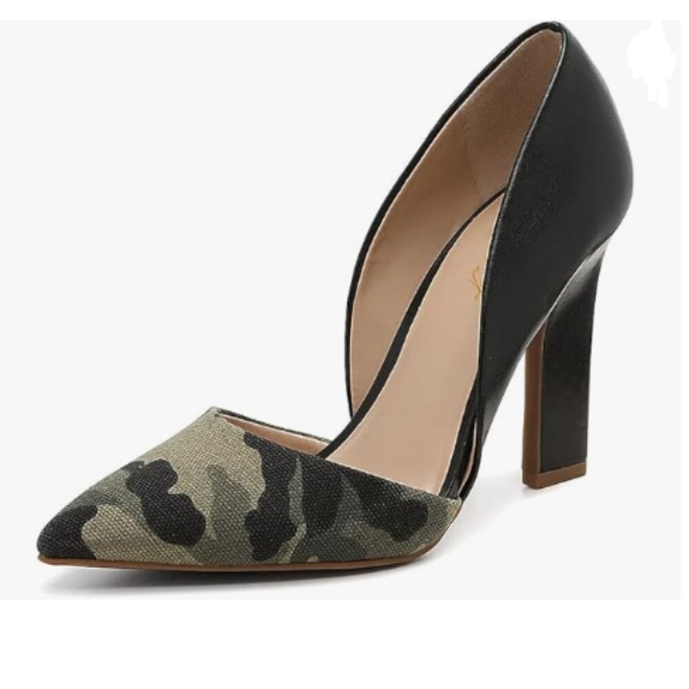 FOWT Black Camouflage Pumps Pointed Toe High Heel Stiletto Pump Cutout Shoes
